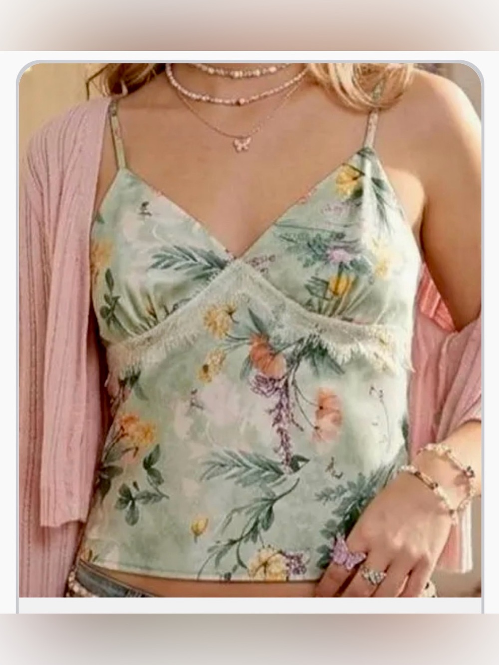 Good Luck Gem Floral Lace-Trim Satin Cami in Mint Green